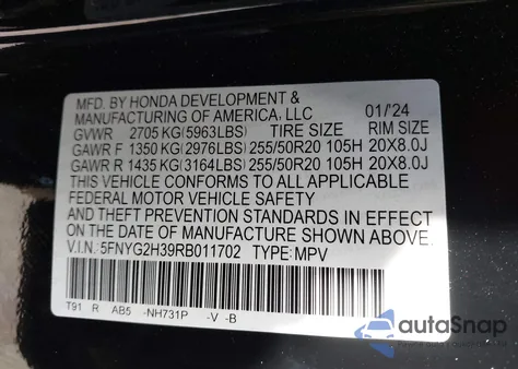 2024 Honda Pilot Sport из США, поврежденный, VIN 5FNYG2H39RB011702